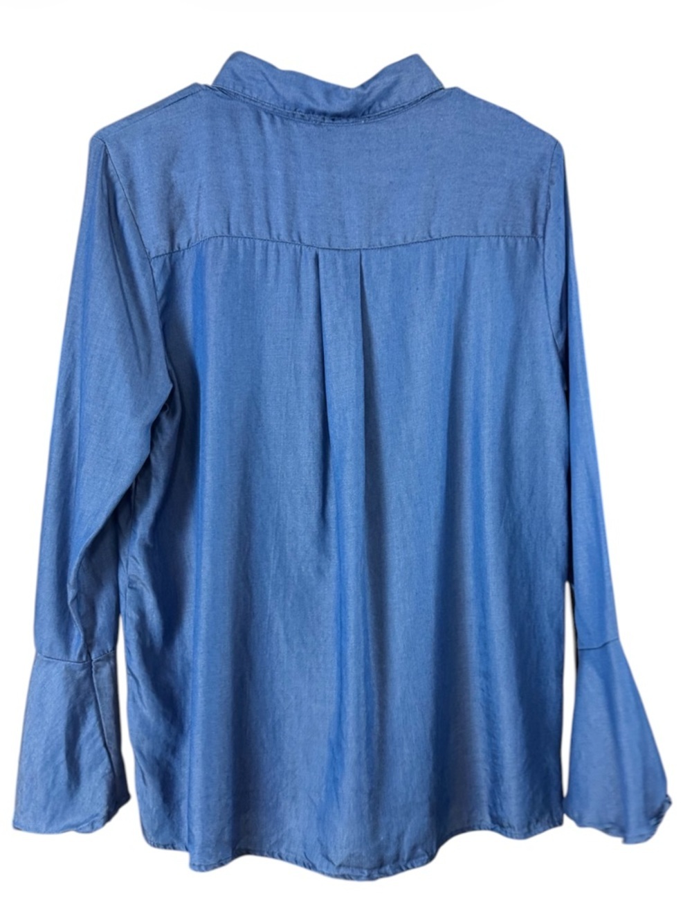 UMGEE Floral Embroidered Tencel Button Down Blouse Bell Sleeve Blue Small - Picture 2 of 5